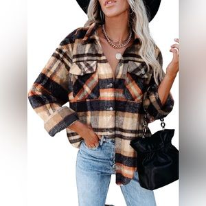 Womens Geometric Button Up Jacket Color Block Raw Hem Loose Fit Coat